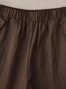 SHEIN PETITE Women's Summer Dark Brown Solid Color Fabric Design Side Seam Button Decoration Pocket Flap Design Casual Vacation Western Bohemian Street Style - Coffee Brown - View 6