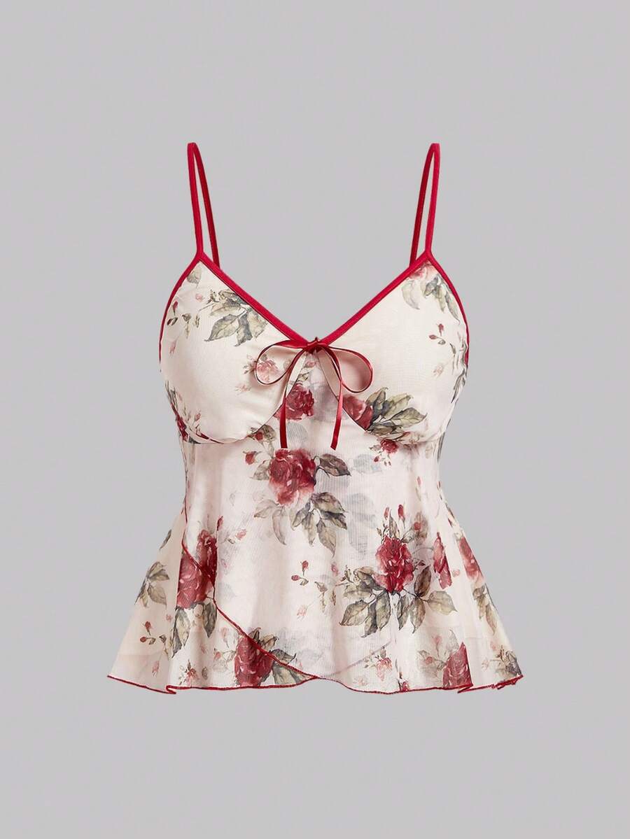 SHEIN MOD Plus Size Vintage Rose Printed Asymmetrical Hem Cami Top Pink Contrast Binding Low-Cut Women's With Ribbon Decoration, For Summer - Multicolor - View 1
