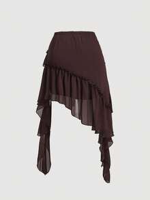 SHEIN MOD Plus Size Women's Asymmetrical Ruffle Hem Skirt Fall - Coffee Brown - View 2