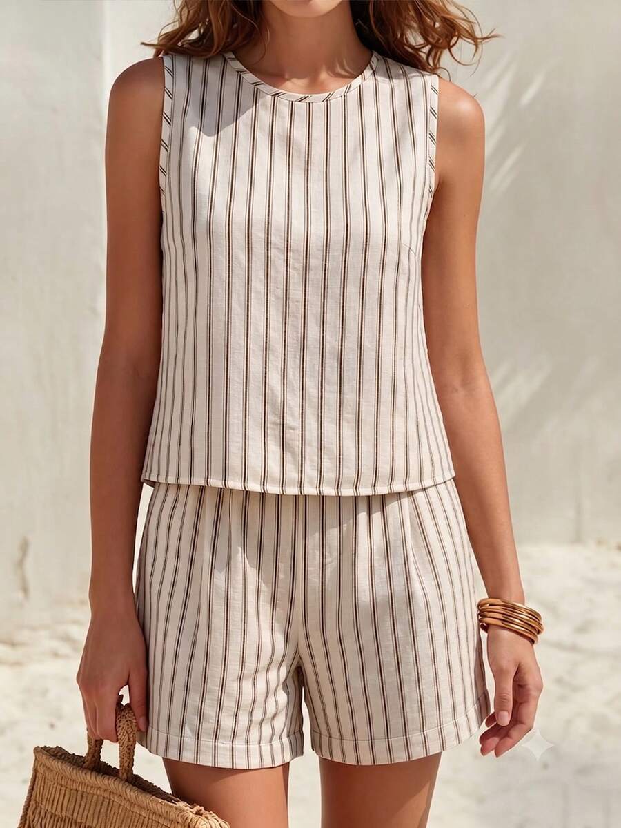 EMERY ROSE Women's Woven Striped Casual Resort Summer Two Pieces Set - Apricot - View 1