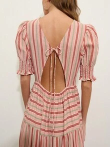 Nöista Vestido midi a rayas con mangas abullonadas y puños fruncidos con rayas en diferentes direcciones - Rosa vieja - Ver 8