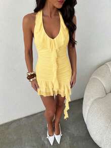 Aloruh Women's Ruffle Halter Neck Asymmetric Design Mini Dress - Light Yellow - View 4