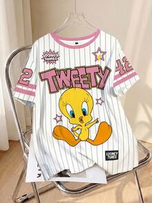 LOONEY TUNES X SHEIN Plus Size Summer Casual Striped Cartoon Letter Print T-Shirt - White - View 1
