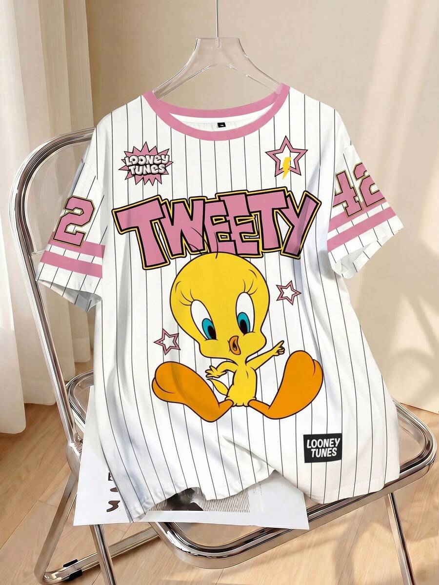 LOONEY TUNES X SHEIN Plus Size Summer Casual Striped Cartoon Letter Print T-Shirt - White - View 1