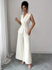 Elenzga petite Women's Apricot Solid Color Fabric V-Neck Lapel Collar Cinched Waist Panel Design High-End Elegant Professional Workwear High-Presence Meeting Outfit Teacher Style Collegiate Campus Style Valentine's Day Carnival Labor Day Easter Travel Vacation Street Style Spring Jumpsuit Summer Jumpsuit Spring/Summer New Essential Versatile Short Jumpsuit - Apricot - View 6