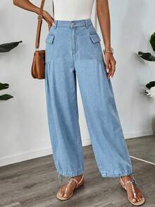 SHEIN LUNE Jeans Jogger Casuales Diarios con Bolsillo de Solapa para Mujer - Azul - Ver 4