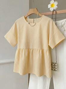 SHEIN EZwear 鵝黃色條紋大尺碼女款圓領短袖休閒襯衫 - 鵝黃色 - 查看 7