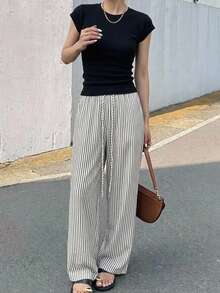 DAZY 2pcs Women Set Solid Color Round Neck Short Sleeve T-Shirt And Striped Pants Summer Lounge Sets For Women Short Sets For Women - Black - View 10