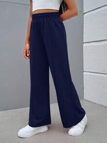 SHEIN Tween Girl Street Style Mix & Match Solid Color Straight Leg Knit Pants - Navy Blue - View 4
