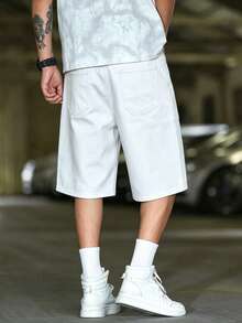 GALLERY FADE Men's Fish Pattern Patch Pocket Loose Casual Denim Wide Leg Shorts - White - View 2