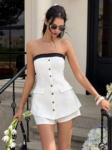 Cévolie Damen Sommer Neu Elegante Mode Bandeau Top & Shorts 2 Stücke Set - Aprikosenfarben - Übersicht 3