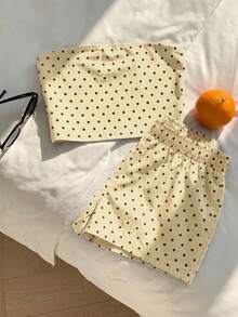 SHEIN EZwear 休閒簡約優雅通勤百搭保暖女裝通勤套裝海灘度假夏季兩件組奶油黃底黑波點抹胸上衣與短褲 - 彩色 - 查看 5