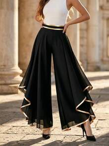 Balvessa Celana Panjang Wanita Model Pinggang Tinggi, Berlapis, Bahan Chiffon, dengan Potongan Lebar. - Hitam - View 1
