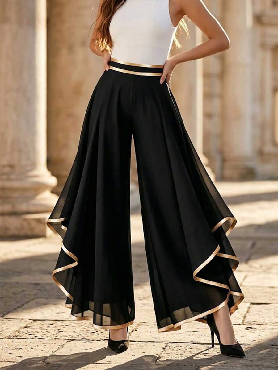 Balvessa Celana Panjang Wanita Model Pinggang Tinggi, Berlapis, Bahan Chiffon, dengan Potongan Lebar. - Hitam - View 1