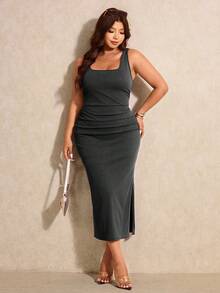 Elaquor Plus Size Women's Square Neck Side Slit Hem Fitted Sleeveless Denim Dress - Black - View 3