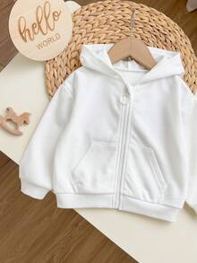 Baby Girl Zipper Front Solid Color Long Sleeve Pocket Hooded Sweatshirt - White - View 5