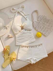 SHEIN Conjunto de top halter y shorts con decoración de estrella de mar y concha para niñas preadolescentes - Negro - Ver 3