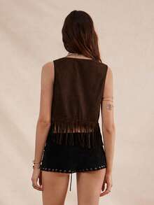 Easelle Bohemian Music Festival Sequin Rivet Fringe Vest Women's Vest - Coffee Brown - View 4