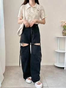 FRIFUL 女款杏色基本款刺繡 Polo 領翻領短袖 T 恤夏季穿著 - 杏色 - 查看 5