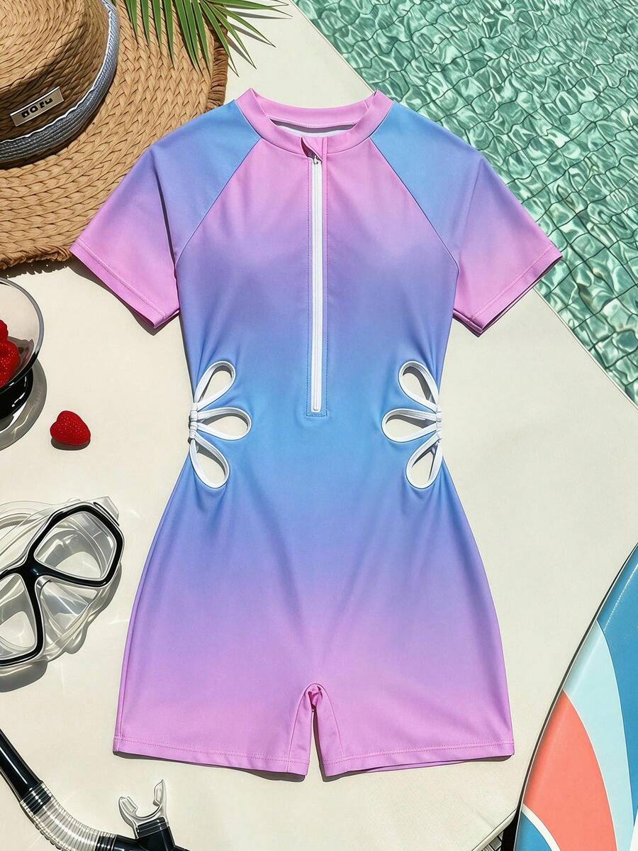 SHEIN 青少年女孩紮染短袖連身泳衣,適合海邊度假、泳池派對、海灘派對 - 彩色 - 查看 1
