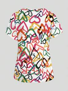 PopScrub Colorful Heart Pattern White Base Women's Nurse Uniform Top, Spring/Summer Fashion V-Neck Short Sleeve Style With Double Pocket Design And Side Slit Workwear, Cute Women's Scrub Top, Uniform - Multicolor - View 2