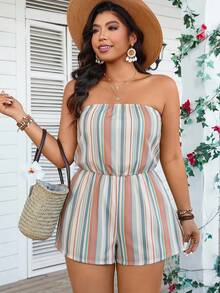 SHEIN VCAY Women's Bohemian Style Vacation Blue And White Striped Colorful Print Top And Shorts Jumpsuit, Summer Holiday Vintage Beach Vacation Outfit, Casual Simple Plus Size Bandeau Shorts Jumpsuit - Multicolor - View 4