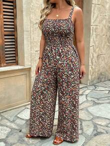 SHEIN Clasi Women's Plus Size Spaghetti Strap Backless Pattern Print Jumpsuit - Multicolor - View 4