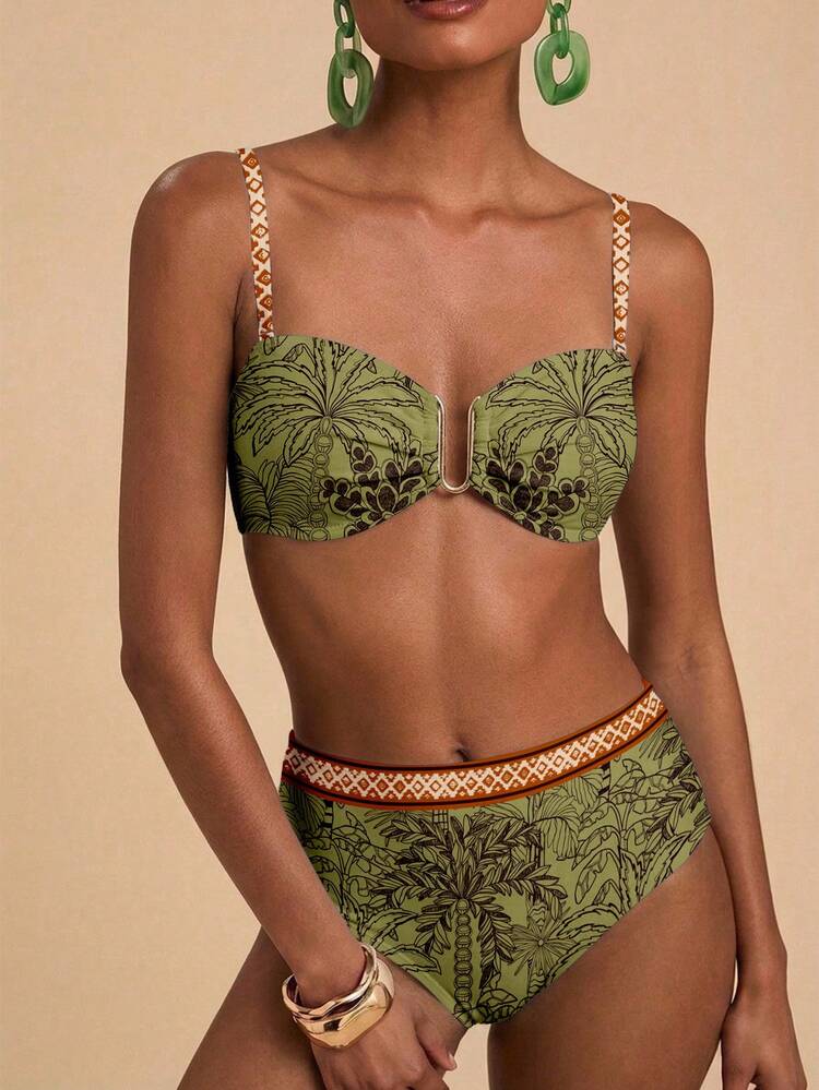 Travachic Women's Vintage Floral & Palm Tree Print Swimsuit Set, Suitable For Beach Vacation, Outings, Cruise Party, Chic - Multicolor - View 1