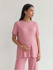 SHEIN 2pcs Maternity Set: Solid Color Short Sleeve Top And Adjustable Waist Casual Business Casual Pants Loungewear Summer - Pink - View 6