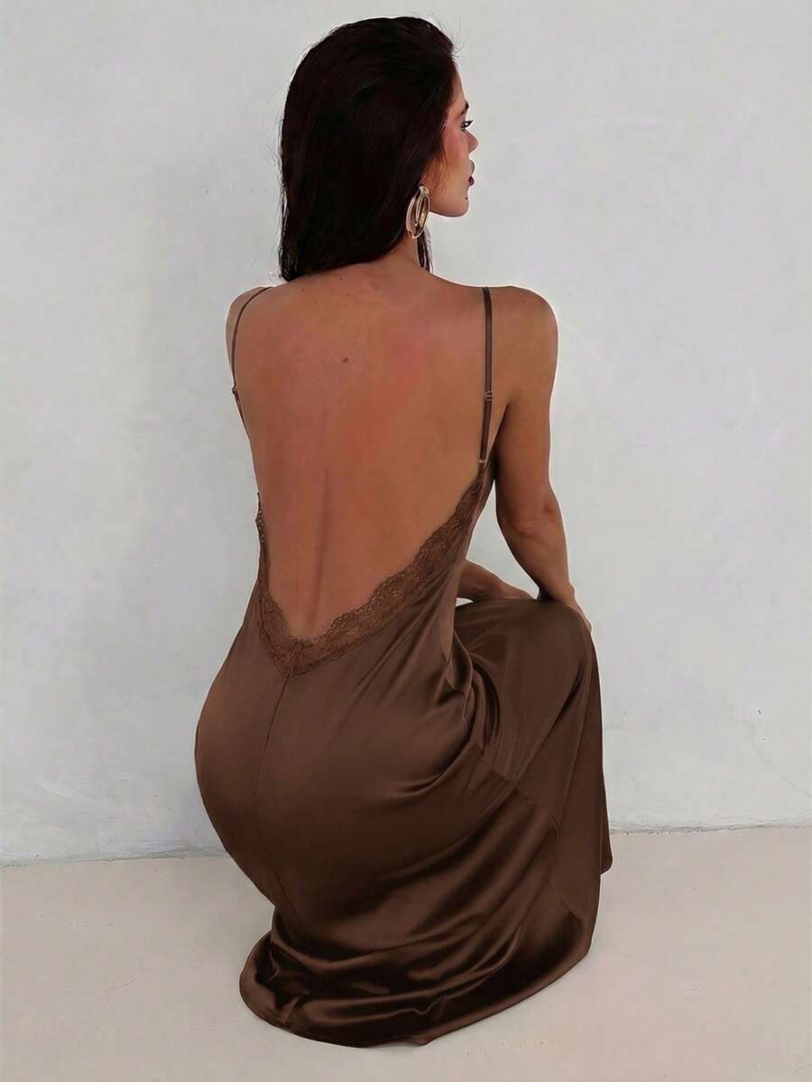 Aloruh Women's Elegant Solid Brown Long Dress Backless Lace Patchwork Spaghetti Strap Dress Night Out Summer - Coffee - View 1