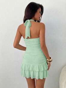 Aloruh Women's Solid Color Patchwork Ruffle Sexy Halter Neck Mini Dress - Green - View 2