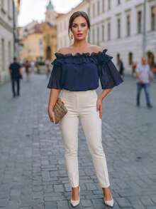 Velvienne Áo blouse nữ size lớn dệt kiểu regular fit mùa hè phong cách Pháp vintage thanh lịch đi làm trễ vai bèo nhún voan chiffon tay ngắn màu xanh - Nhiều màu - Xem 6
