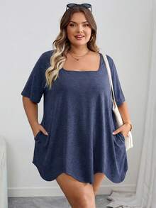 SHEIN CURVE+ Curve大尺碼女裝/秋季女裝/冬季女裝/大尺碼方領不對稱下擺口袋短袖T恤黑色上衣 8XL 6XL 5XL 大尺碼女裝上衣，女性度假穿搭秋季冬季CURVE PLUS - 藏蓝色 - 查看 5