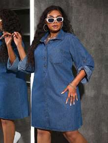 Slaydiva Gaun Denim Ukuran Besar Lengan Panjang Kasual Model Kemeja Pas Badan Warna Biru - Medium Wash - View 4