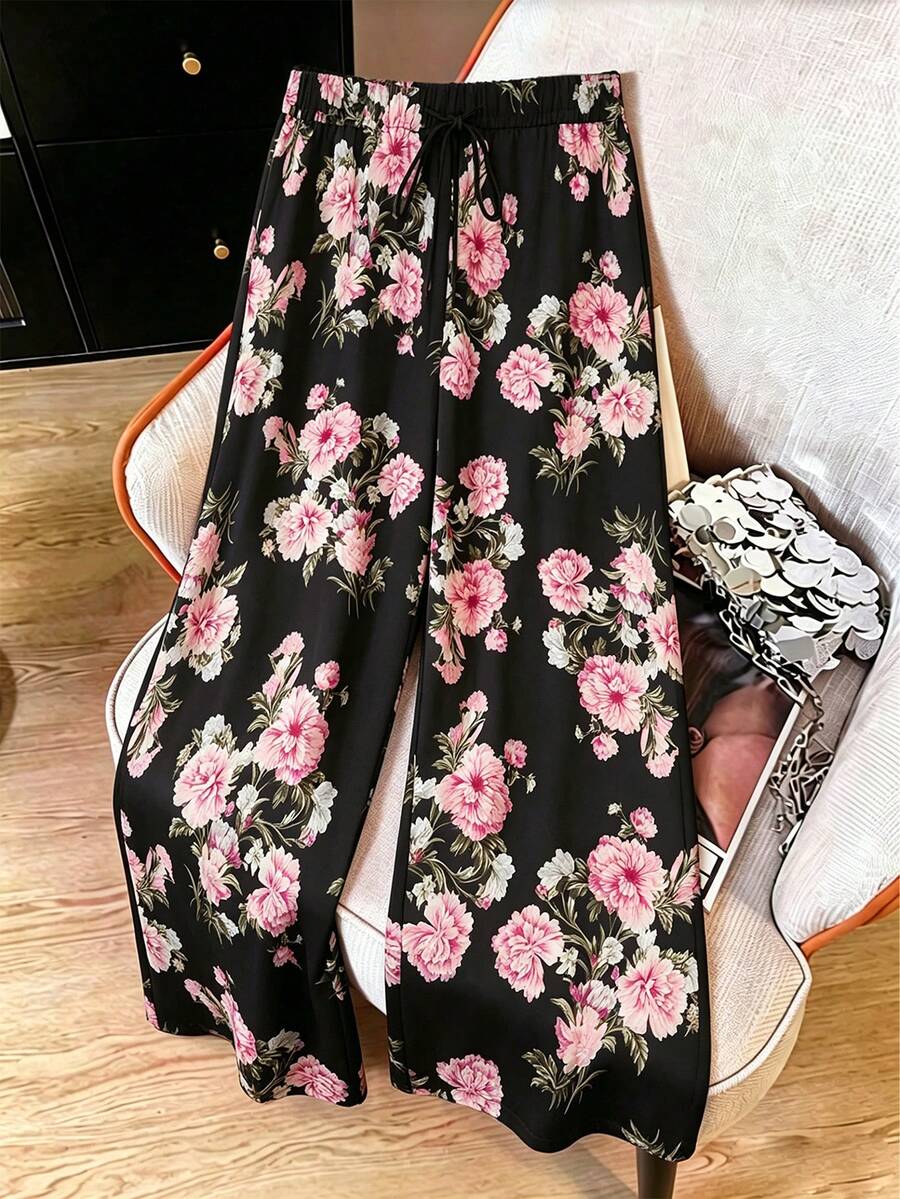 GlowEve CURVE Women's Plus Size Floral Drawstring Waist Wide Leg Long Pants - Black - View 1