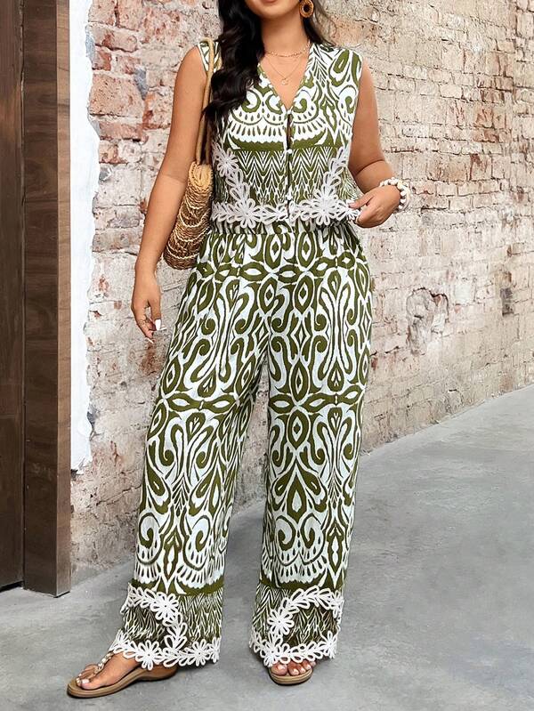 Breezaya Plus Size Vacation Casual V-Neck Sleeveless Shirt & Wide Leg Pants 2 Pieces Set With Lace Trim