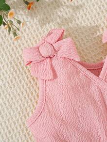 SHEIN Baby Girls Summer V-Neck Sleeveless Romper Two Pieces Set Ruffled Shoulder Straps Chic Outfit - Multicolor - View 4