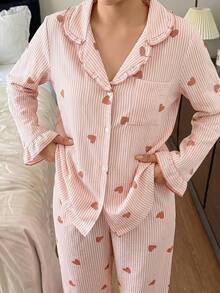 Napfluff Heart Stripe Bubble Crinkle Frill Trim Collar Open Front Pajama Set - Multicolor - View 4