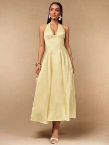 Silquee This Pale Yellow, Backless, Belted A-Line Elegant Party Dress Is Perfect For Romantic Dates, Beach Vacations, Weddings, Dinners, And Other Occasions, - Light Yellow - View 3