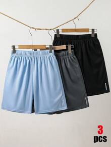 3件組青少年男款休閒拼色反光條短褲套裝，黑/灰/藍，適用於運動、居家、學校、校園、大學 - 彩色 - 查看 5