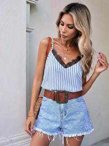 SHEIN LUNE 女款休閒百搭時尚印花V領對比蕾絲細肩帶背心 - 彩色 - 查看 5