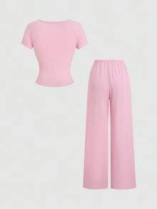 Sweetra 法式性感風垂領百褶 2 合 1 設計修身 T-shirt 搭配直筒綁腰長褲，休閒優雅百搭女款兩件套 - 粉色 - 查看 2