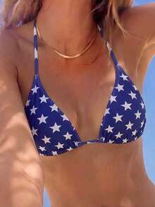 SHEIN Swim 女士性感交叉露背比基尼上衣，带有随机星星印花，夏季海滩 - 藍白色 - 查看 3