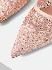 MOTF NEW PINK POINTED THIN HEEL DIAMOND MESH LACE FASHIONABLE AND ELEGANT WOMEN'S HIGH-HEELED SHOES - Pink - View 9