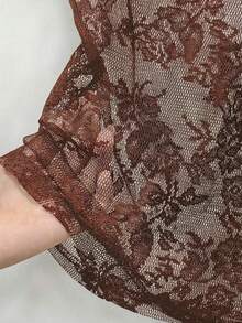 SHEIN Franclia Women's Fashion Elegant Sexy Casual Sleeveless V-Neck Lace Semi-Sheer Camisole Tank Top, Club Vacation Party Brown Floral Summer - Brown - View 6