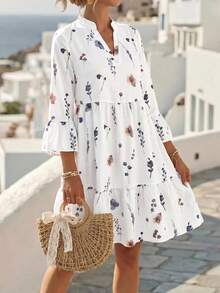 SHEIN Clasi Women's Floral Print Ruffle Hem Fashion Vacation Dress Vacation White And Blue Floral Autumn Boho - Multicolor - View 4