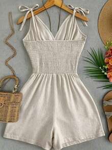 SHEIN Franclia Women's Solid Color Pleated Shirred Casual Daily Wear Romper - Apricot - View 2