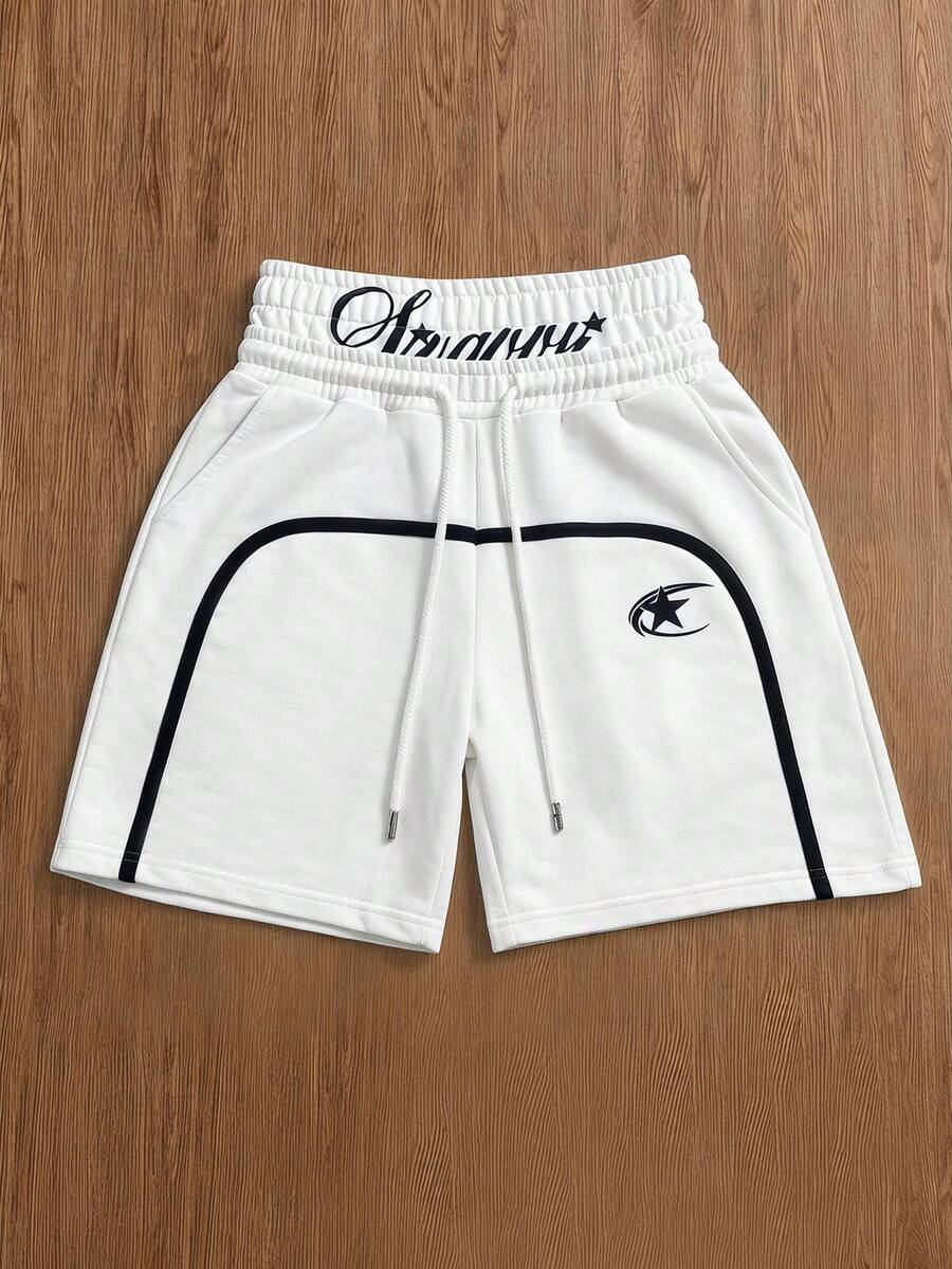 SWAVVY Men's Drawstring Waist Letter Print Casual Versatile Daily Travel Shorts - White - View 1