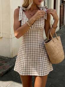 SHEIN LUNE Women's French Elegant Plaid Bow Dress - Khaki - View 5