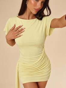 SHEIN BAE Women's Solid Pale Yellow Ruffle Sleeve Ruched Tie Decor Mini Dress, Simple Dress, Elegant Sexy Dress, Dress Date Night Summer - Yellow - View 5